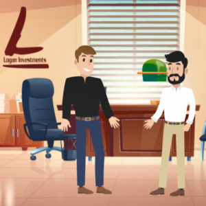 cartoon image of two men talking in an office with the Logan Investments logo
