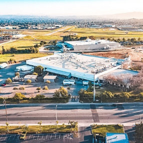 an aerial view of an industrial building